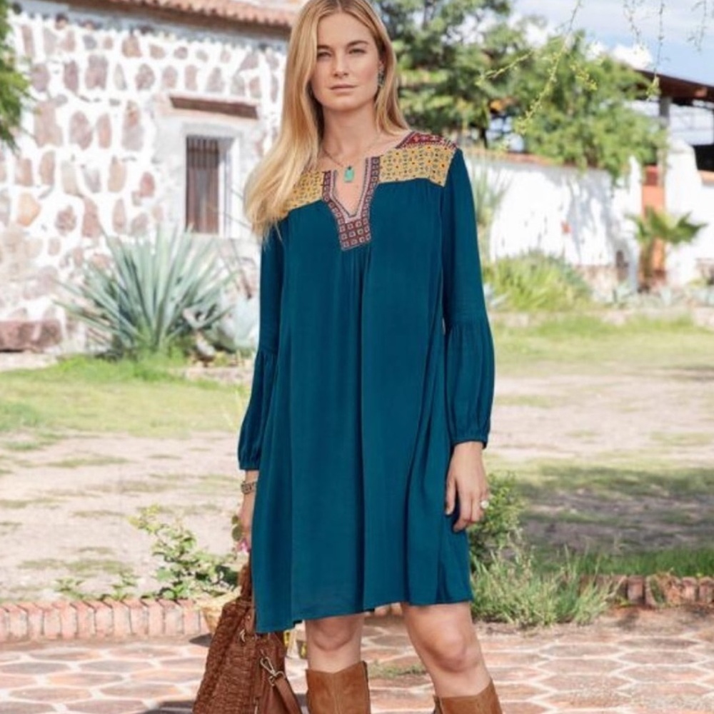 Sundance Embroidered Suelta Dress Teal Gauzy Viscose Lined Boho Chic Size Small